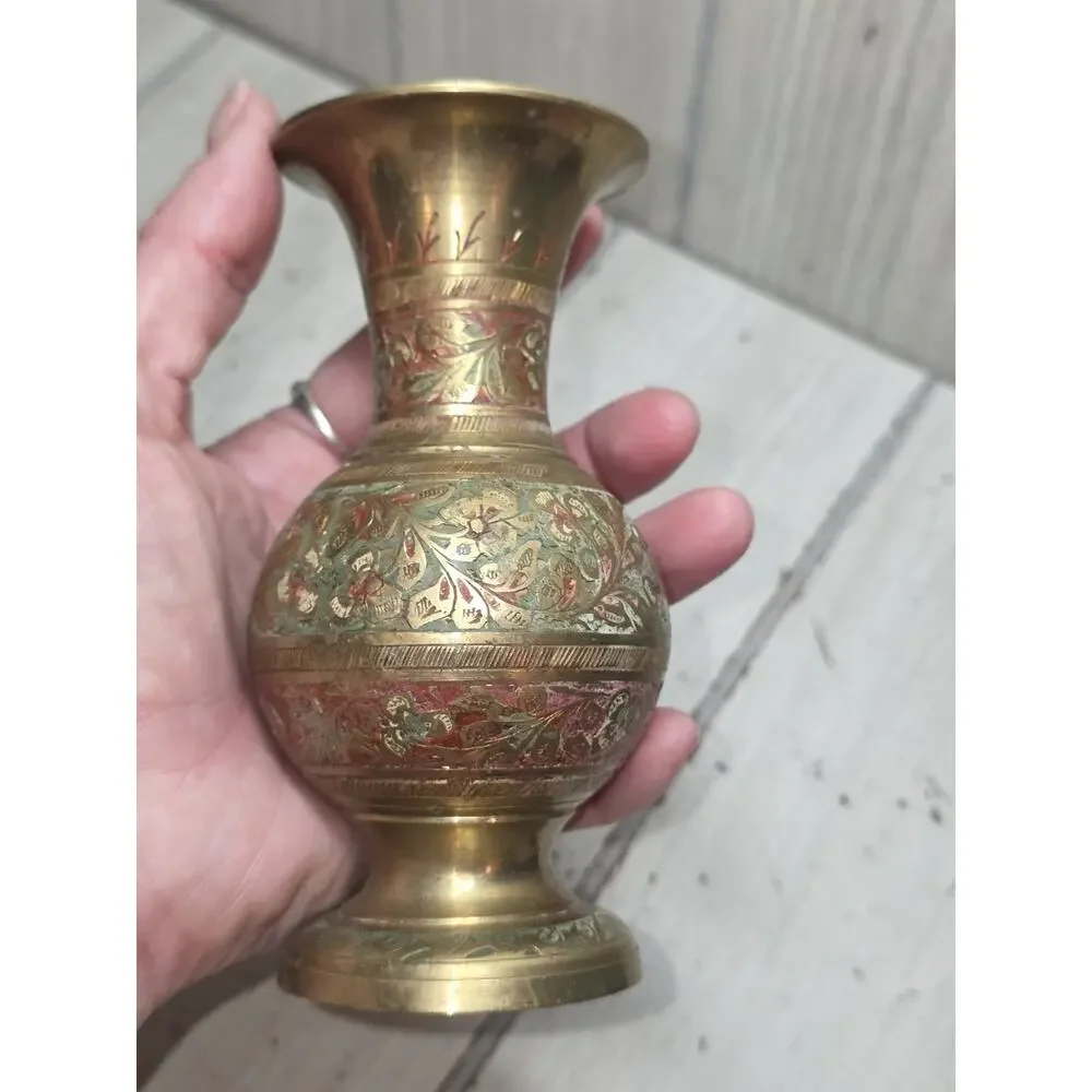 Vtg Antique Brass Vase Etched Handmade Painted Brass Vessel Natural Patina 5